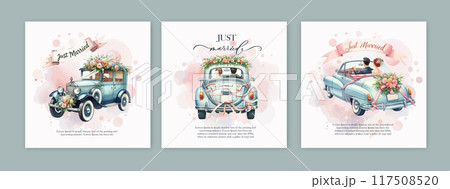 Set of Wedding card banner with Hand drawn watercolor wedding car and calligraphy. 117508520