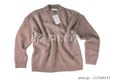 Brown flying crumpled women autumn knitted sweater with label tag isolated on white background Brown flying crumpled women autumn knitted sweater with label tag isolated on white background 117508533