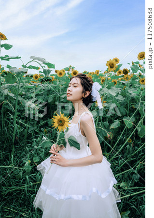 ひまわり畑で写真を撮る花嫁 117508638