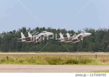 航空自衛隊第303飛行隊F-15イーグルの編隊離陸 航空自衛隊第303飛行隊F-15イーグルの編隊離陸 117508705