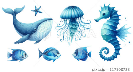 Set of Cute watercolor sea animals. Blue watercolor ocean fish, medusa, whale, seahorse. Set of Cute watercolor sea animals. Blue watercolor ocean fish, medusa, whale, seahorse. 117508728