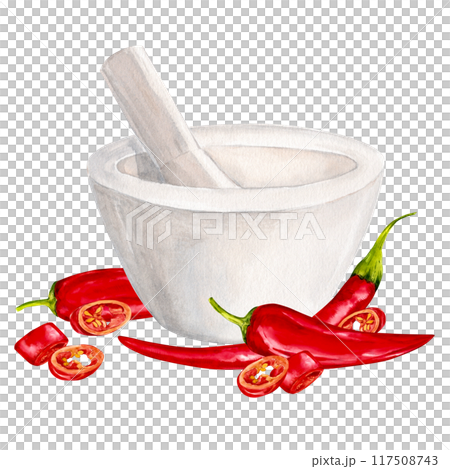 Grind red chili pepper in a mortar made of white granite. Watercolor illustration. Hot pepper is a traditional ingredient of Indian and Mexican cuisine. Clipart for design, menu, packaging. 117508743