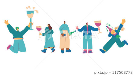 Wine festival. Friends meeting with beverage. Cute characters with wineglasses. Vector hand drawn illustration isolated on white background. Wine festival. Friends meeting with beverage. Cute characters with wineglasses. Vector hand drawn illustration isolated on white background. 117508778