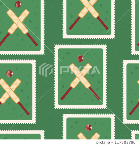 Cricket patchwork seamless pattern. Bento box repeat background. Cricket bats and ball retro post stamps endless design. Vector hand drawn illustration. 117508786