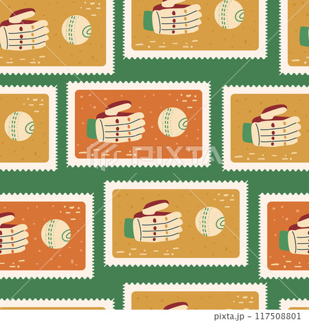 Cricket patchwork seamless pattern. Bento box repeat background. Sport equipment retro post stamps endless design. Vector hand drawn illustration. 117508801