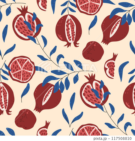 Seamless pattern with hand-drawn pomegranates, leaves and seeds on a light background. Vector hand drawn flat illustration. 117508810