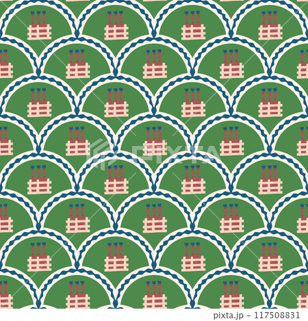 Bottles of wine scallop seamless pattern. Alcohol drinks arch repeat background. Beverage retro endless design. Vector hand drawn illustration. 117508831