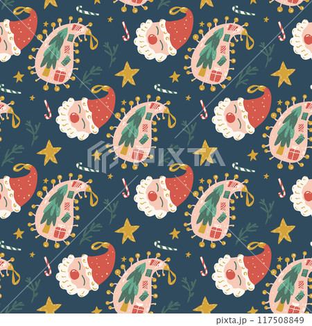 Christmas balls seamless pattern. Happy New Year paisley endless background. Winter holiday repeat cover. Santa Claus and Christmas tree continuous surface. Vector hand drawn illustration. 117508849