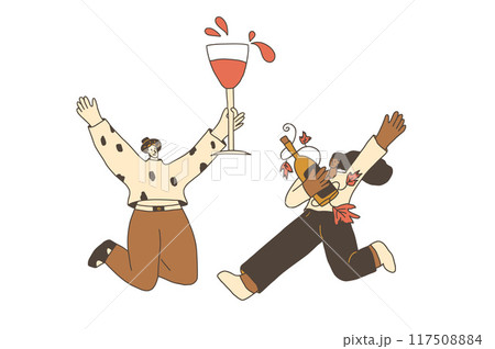 Friends meeting with beverage. Wine tasting event. Cute characters with wineglass and bottles. Vector hand drawn illustration isolated on white background. 117508884