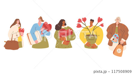 Set of volunteers portraits. charity kit. People with heart symbols. Vector hand drawn flat collection illustration isolated on white background. Set of volunteers portraits. charity kit. People with heart symbols. Vector hand drawn flat collection illustration isolated on white background. 117508909