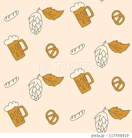 Beer repeat background. Hop cones seamless pattern. Vector hand drawn illustration. Beer repeat background. Hop cones seamless pattern. Vector hand drawn illustration. 117508919