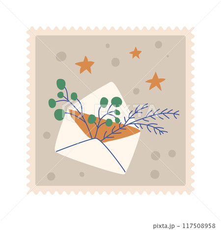 Christmas postal stamp with festive envelope isolated on white background. Vector hand drawn flat illustration Christmas postal stamp with festive envelope isolated on white background. Vector hand drawn flat illustration 117508958