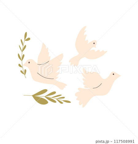 Dove of peace set isolated on white background. Vector hand drawn flat illustration 117508991