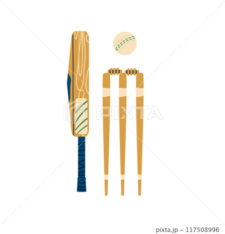 Cricket set. Sport equipment. Bat, ball and wicket bails. Vector hand drawn collection illustration isolated on white background. Cricket set. Sport equipment. Bat, ball and wicket bails. Vector hand drawn collection illustration isolated on white background. 117508996