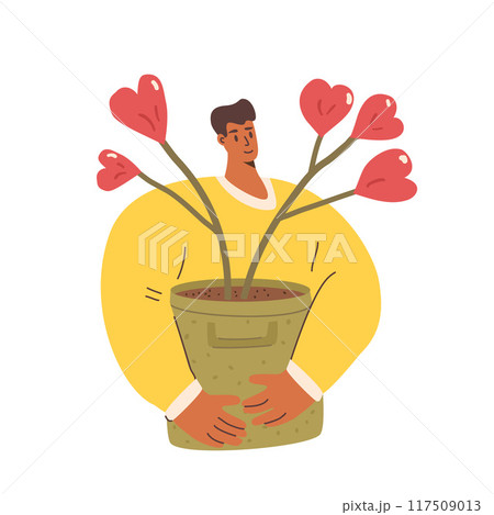Volunteers portrait. Young man with heart plant symbol. Vector hand drawn illustration isolated on white background. 117509013
