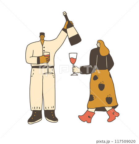 Anniversary celebration. Couple meeting with beverage. Wine tasting event. Cute characters couple with wineglasses. Vector hand drawn illustration isolated on white background. Anniversary celebration. Couple meeting with beverage. Wine tasting event. Cute characters couple with wineglasses. Vector hand drawn illustration isolated on white background. 117509020