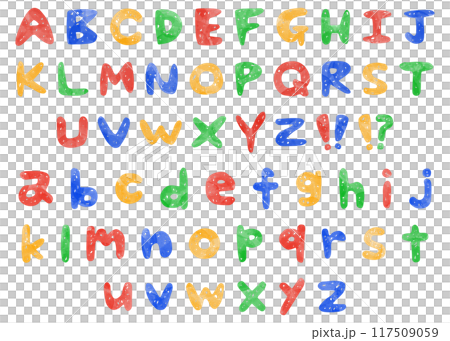 手書きのアルファベットセット、ローマ字のデコレーションセット、水彩カラー 117509059