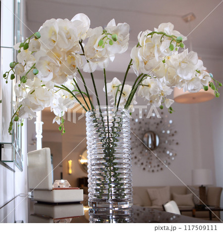 A bouquet of white orchids in the interior. Artificial flowers in a vase. 117509111