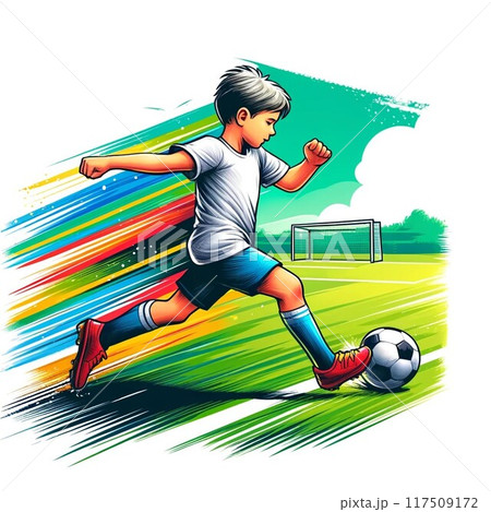 躍動感のあるサッカーをする少年 117509172