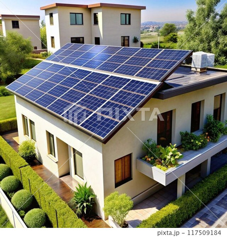 solar panels on green lawn with solar panels 117509184