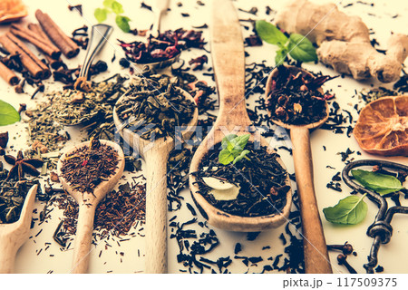 Tea on white table Tea on white table 117509375