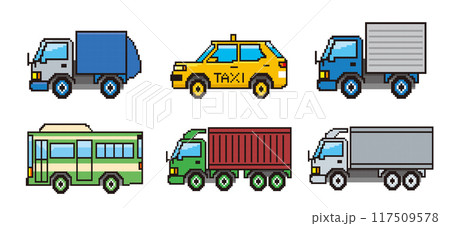 8ビットで描いた自動車のピクセルアート 働く車のイラストセット バス、タクシー、トラック イラスト 8ビットで描いた自動車のピクセルアート 働く車のイラストセット バス、タクシー、トラック イラスト 117509578