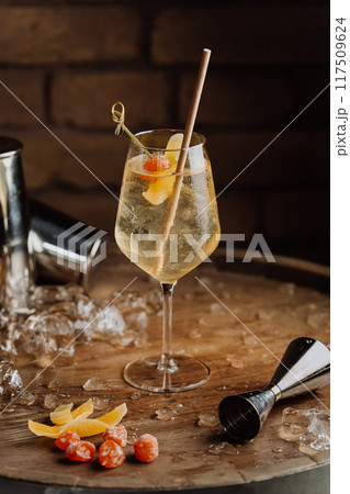 Elegant cocktail with citrus garnish in a wine glass, perfect for upscale dining and bar promotions 117509624