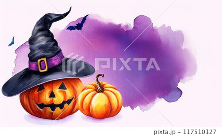 水彩画のハロウィンのカボチャのお化けと魔女の帽子。ジャックオランタン。コピースペース。 117510127