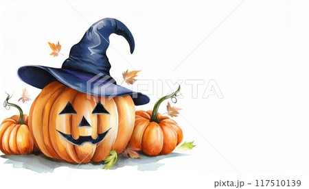 水彩画のハロウィンのカボチャのお化けと魔女の帽子。ジャックオランタン。コピースペース。 117510139