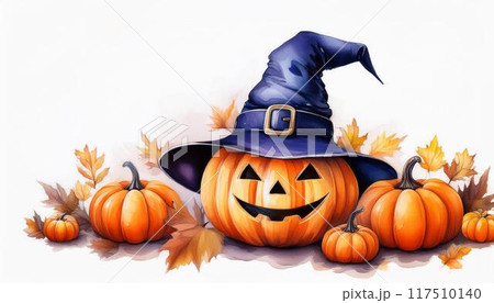 水彩画のハロウィンのカボチャのお化けと魔女の帽子。ジャックオランタン。コピースペース。 117510140
