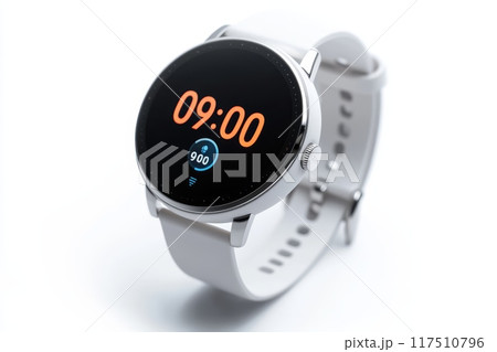 Close up of modern smartwatch with white band Close up of modern smartwatch with white band 117510796