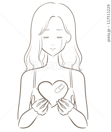 ハート 悲しい女の子 線画茶色 前髪なしのイラスト素材 [117511229