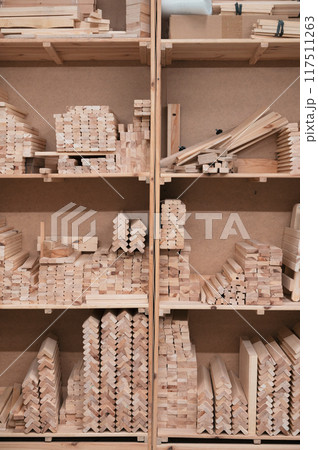 Furniture factory workshop with wood items. Furniture factory workshop with wood items. 117511263