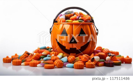 ハロウィンのジャック・オ・ランタンのバケツから溢れているキャンディー 117511486