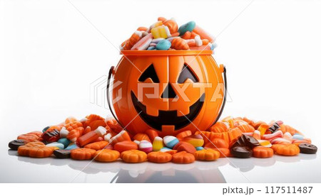 ハロウィンのジャック・オ・ランタンのバケツから溢れているキャンディー 117511487