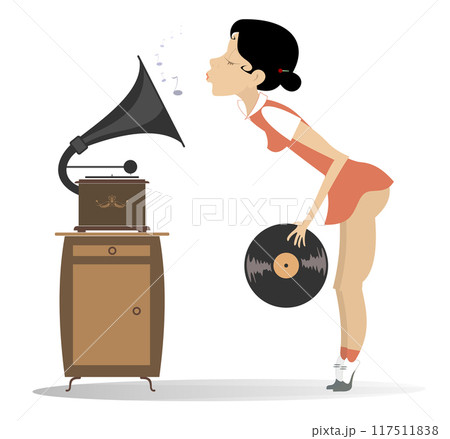 Young woman and retro record player. Young woman holds a long playing record and listens to a vintage record player. Isolated on white background Young woman and retro record player. Young woman holds a long playing record and listens to a vintage record player. Isolated on white background 117511838