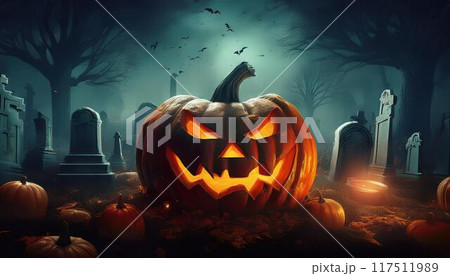 墓場に置かれたハロウィンのカボチャ 墓場に置かれたハロウィンのカボチャ 117511989