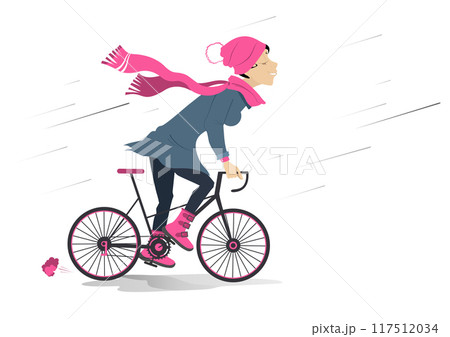 Rainy and windy day and woman rides a bicycle. Cycling young woman under the strong wind and rain. Isolated on white background	 117512034