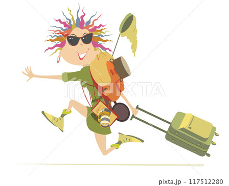 Happy running traveler woman. Smiling running tourist with tourist equipment on the back and bag in the hand. Isolated on white background	 117512280