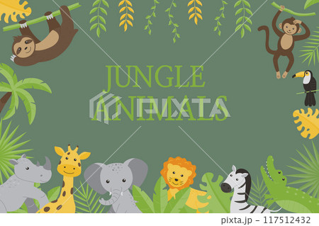 Childrens horizontal background with images of wild jungle animals giraffe, elephant, zebra, rhinoceros, toucan, monkey, sloth, lion, crocodile. Flat vector illustrations for children. Childrens horizontal background with images of wild jungle animals giraffe, elephant, zebra, rhinoceros, toucan, monkey, sloth, lion, crocodile. Flat vector illustrations for children. 117512432