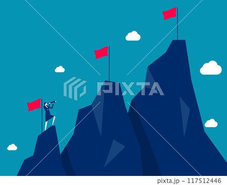 Ambition to success and achieve target, career growth or business goals, challenge to win, achievement or victory concept, motivated businessman reach mountain peak aiming to achieve higher targets. Ambition to success and achieve target, career growth or business goals, challenge to win, achievement or victory concept, motivated businessman reach mountain peak aiming to achieve higher targets. 117512446