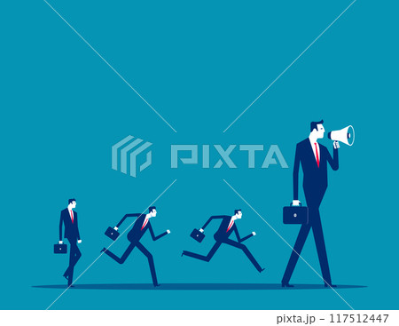 Leadership for team direction, success strategy, lead team to achieve goal, inspiration or motivate employee, manager or company mission concept, businessman leader megaphone pointing team direction. 117512447