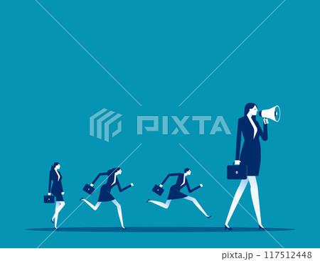 Leadership for team direction, success strategy, lead team to achieve goal, inspiration or motivate employee, manager or company mission concept, businessman leader megaphone pointing team direction. 117512448