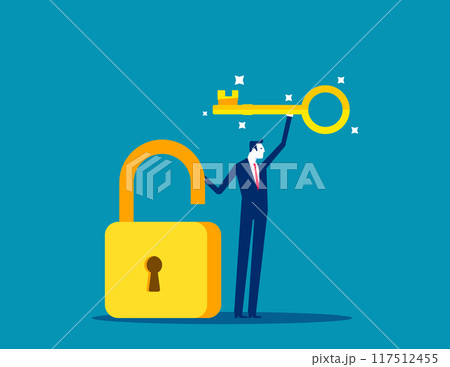 Golden key to unlock, solve business problem, professional to give solutions, success business key or unlock business accessibility concept, smart businessman holding golden key to unlock the pad. 117512455