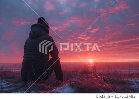 Solitary man sitting contemplation watching sunrise field snow winter cold 117512488