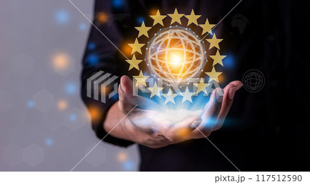 Young man hand holding globe virtual connect via wireless internet in a world of digital technology 117512590