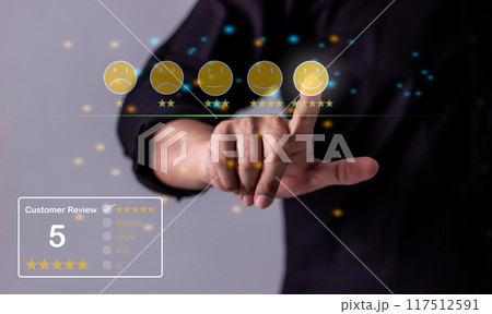 Customer Review, Man touch smile emoji to review and give 5 stars with very good results in service 117512591