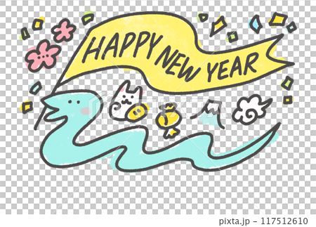New Year's card with a snake parading with a flag and a lucky charm for the New Year 2025 New Year's card with a snake parading with a flag and a lucky charm for the New Year 2025 117512610