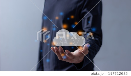 Young Man holding cloud computing diagram in hand, Data storage, Cloud Computing Storage 117512683