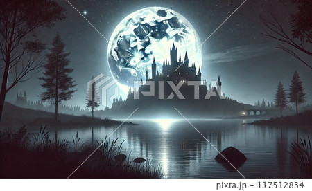 闇夜に輝く満月と古城のシルエットのイラスト素材 [117512834] - PIXTA